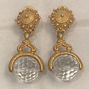 Elegant Vintage 80s/90s DKNY Gold and Clear Crystal Drop Earrings, Runway Glam